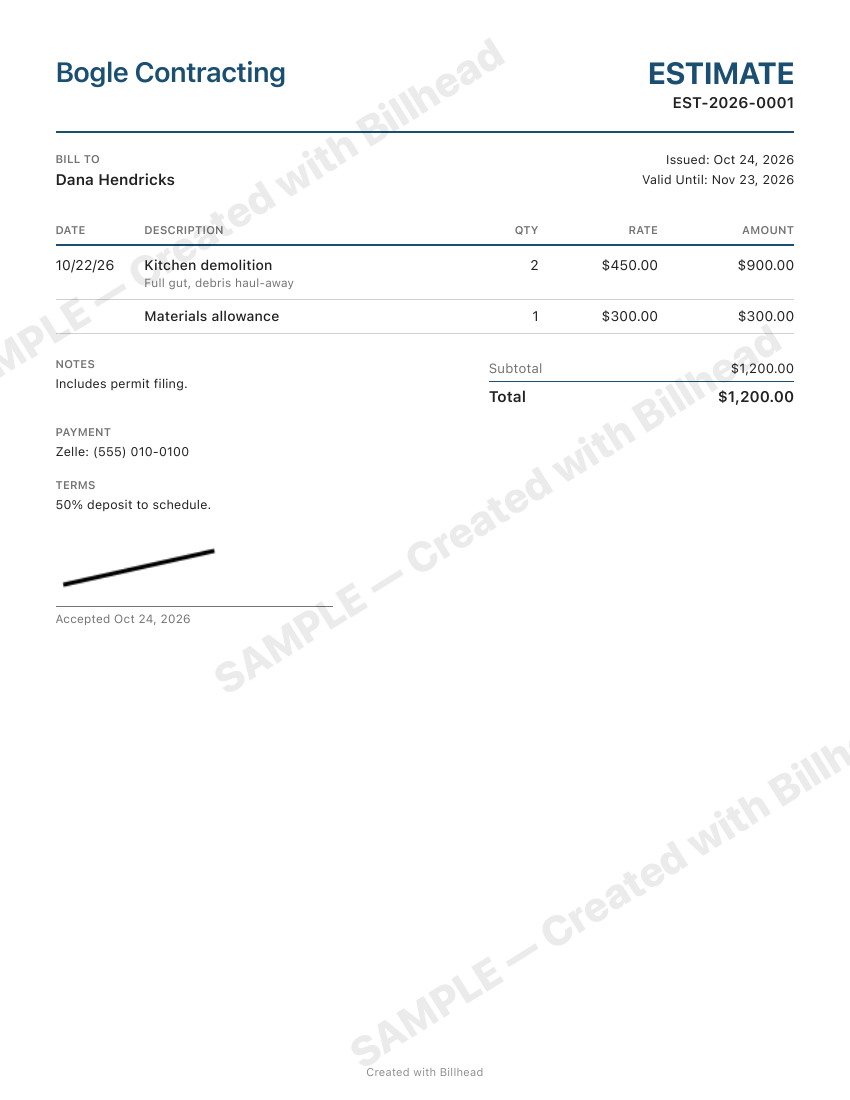 Presupuesto en inglés para desmontaje de cocina y materiales, por un total de $1,200, con firma de aceptación y marca de agua SAMPLE.