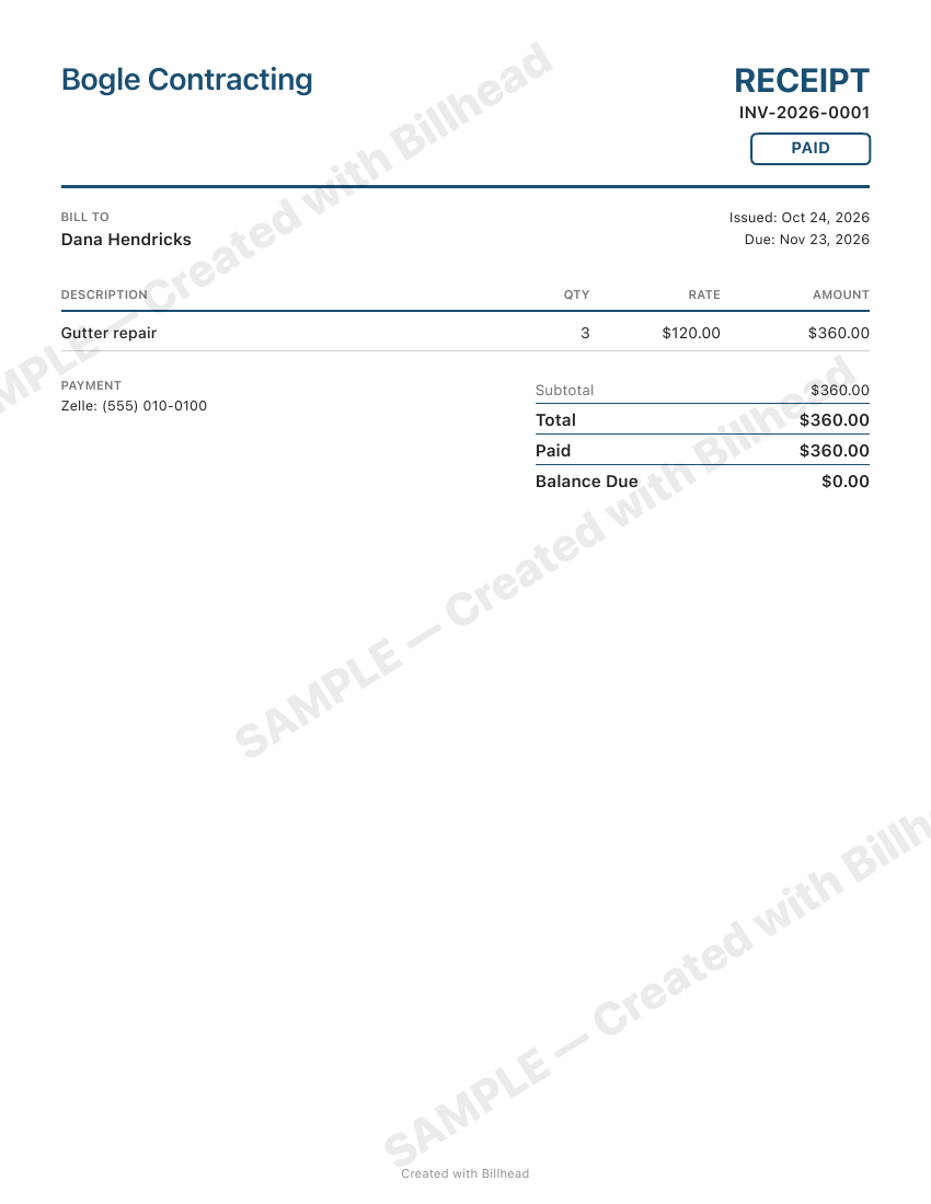 Recibo en inglés marcado PAID: total de $360, pagado $360, saldo pendiente $0 y marca de agua SAMPLE.