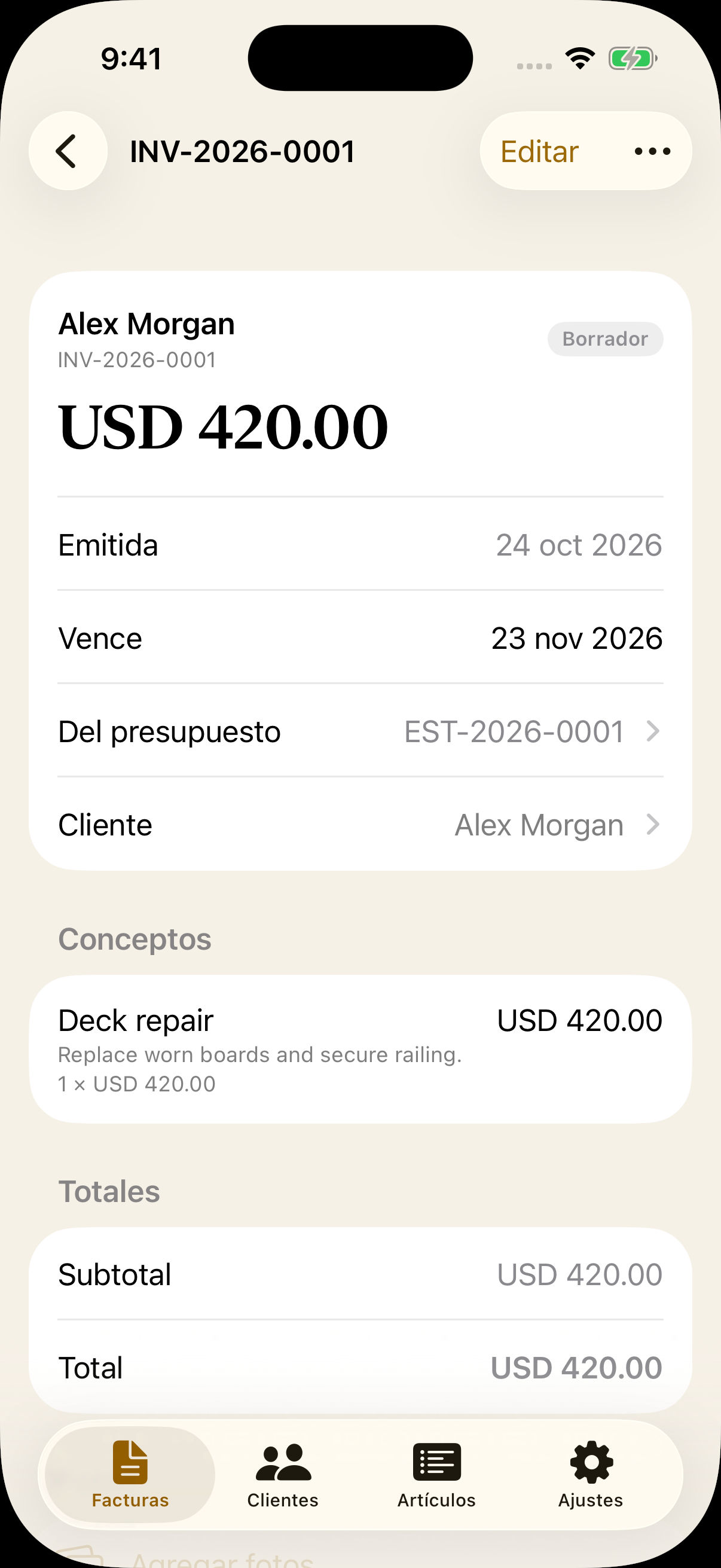 Pantalla de factura de Billhead en español con cliente, concepto y total de un trabajo ficticio de USD 420.
